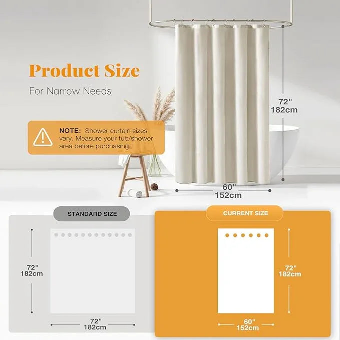 BTTN 60 Inch Stall Fabric Shower Curtain - Linen Textured Heavy Duty Shower Curtain Set with 10 Plastic Hooks, Narrow Waterproof Decorative Bath Curtains for Bathroom and Bathtubs - 60x72, Light Cream - ModernBath