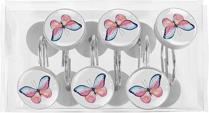 12 Pcs Decorative Shower Curtain Hooks, Rust Proof Glass Surface Stainless Steel Rings for Bathroom Bedroom Kitchen Home Bath Room Rods Decor (Pink Blue Watercolor Butterfly) - ModernBath