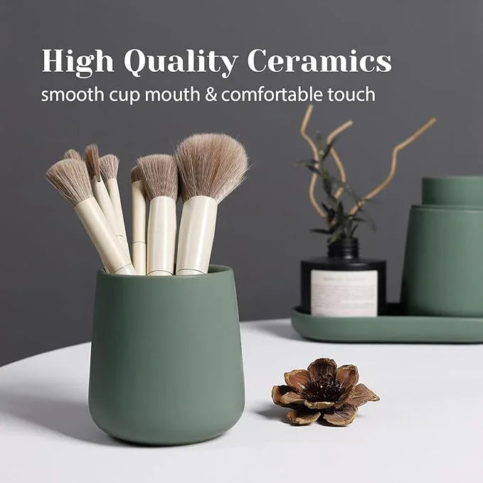 INGOFIN 3 Pcs Ceramic Bathroom Accessory Set - Liquid Soap Dispenser, Toothbrush Holder & Tray, Bathroom Counter Set, Countertop Essentials for Home, Guest Bathroom, or Office Use, Matte Green - ModernBath