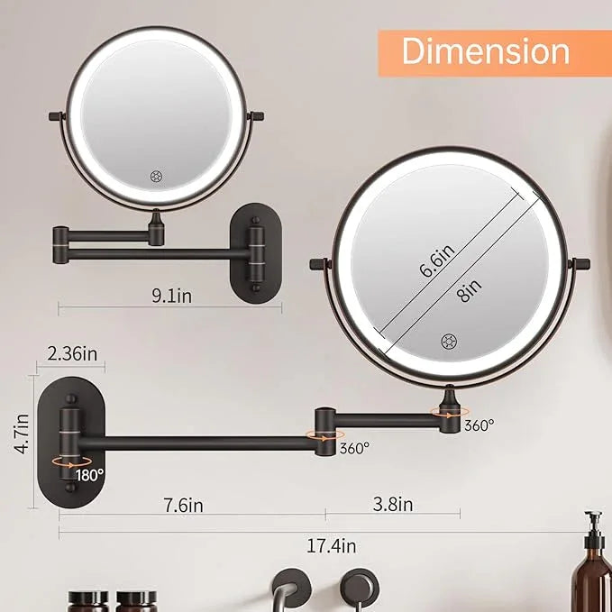 5000mAh Rechargeable Wall Mounted Lighted Makeup Vanity Mirror Double Sided 1X 30X Magnifying Bathroom Mirror, 3 Color Lighting, Touch Dimming, Extended Arm 360 Rotation Light up Mirror Antique Bronze - ModernBath