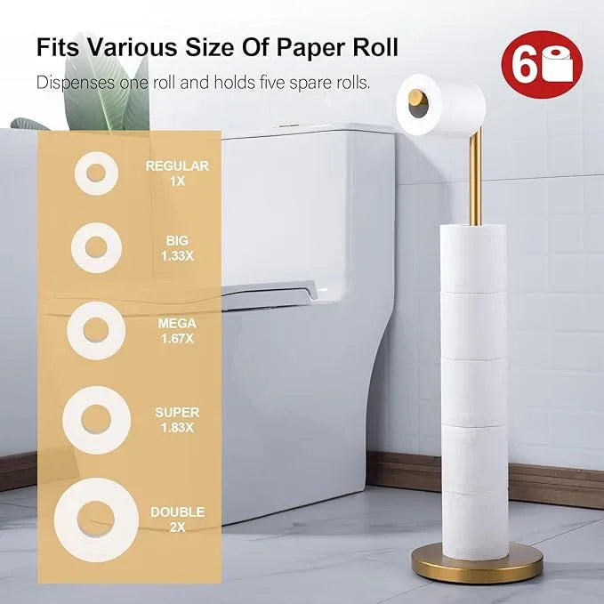 BAGNOLUX Bathroom Toilet Paper Holder Stand with Reserve, SUS304 Stainless Steel Rustproof Pedestal Tissue Roll Holder Heavy Duty (Brushed Brass) - ModernBath
