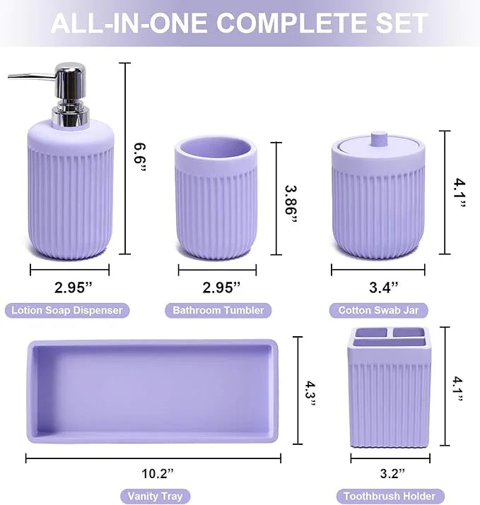 XLHOMO Resin Light Purple Bathroom Accessories Set 5 Pcs, Lotion Soap Dispenser, Toothbrush Holder, Bathroom Tumbler, Qtip Holder and Vanity Tray, Bathroom Countertop Organizer Set for Home Apartment - ModernBath