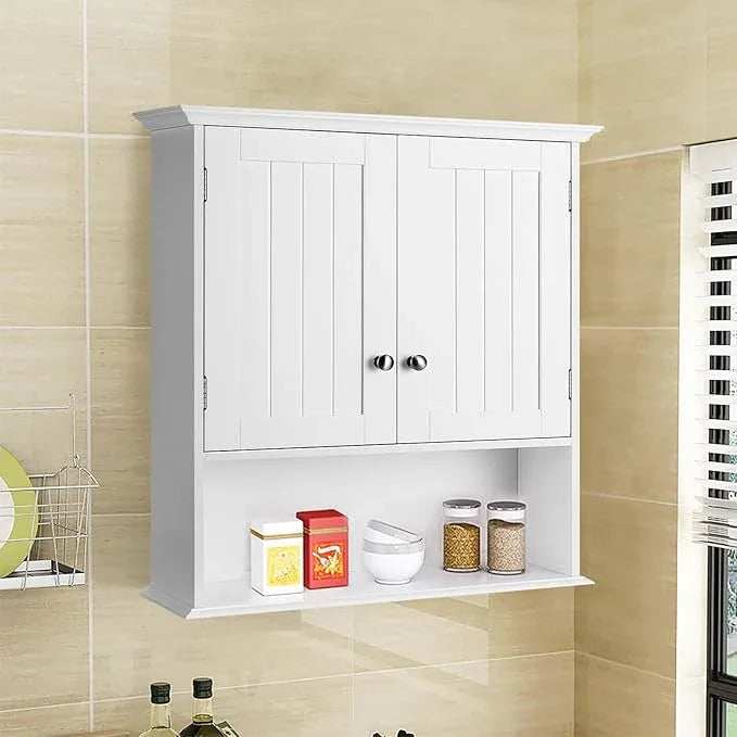 Tangkula Bathroom Wall Cabinet, Wooden Hanging Storage with Doors & Shelves, Multipurpose Wall Mounted Bathroom Medicine Cabinet for Kitchen Living Room - ModernBath