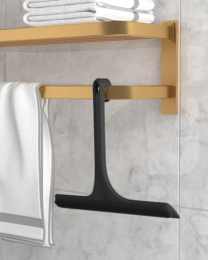 2-in-1 Silicone Shower Squeegee with Hook,Dual-Sided Design with Scraper & Scrub Surface,Rust-Proof Stainless Core,Streak-Free Bathroom Squeegee for Glass Doors,Mirrors,Windows,Car Windshields (Black) - ModernBath