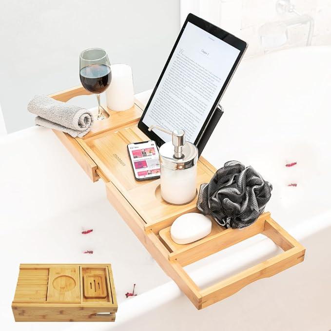Foldable Bathtub Tray Caddy - Expandable Bath Tray for Tub | Secure, Non-Slip Bathtub Caddy for Tub for Bath Accessories, Self Care Home Spa Gift Set, Relaxing Gifts for Women, New Moms, House Warming - ModernBath