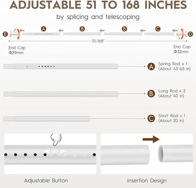ZYKORT Tension Curtain Rod 51-168 In (4-14Ft), No Drill Outdoor Curtain Rods for Patio, Shower Curtain Rod for Bathroom Renter Friendly, Heavy Duty Tension Rod for Window, Never Rust, White - ModernBath