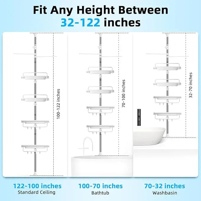 32-122inch Corner Shower Caddy Tension Pole White, Rustproof Drill-Free Shower Shelves for Bathroom Bathtub Washbasin, Adjustable Shower Organizer with 4 Tier Patent Stable Shelves & Towel Bars - ModernBath