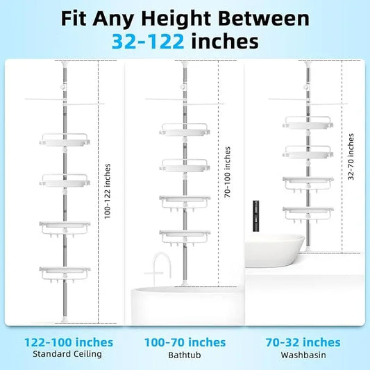 32-122inch Corner Shower Caddy Tension Pole White, Rustproof Drill-Free Shower Shelves for Bathroom Bathtub Washbasin, Adjustable Shower Organizer with 4 Tier Patent Stable Shelves & Towel Bars - ModernBath