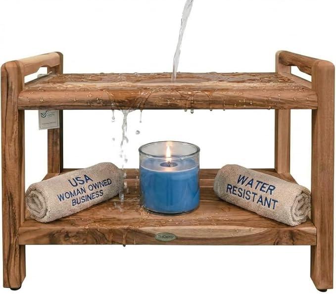 EcoDecors Eleganto 24 Inch Natural Color Waterproof Teak Wood Shower Bench Stool Seat Chair For Inside Shower Provides Safety, Storage, and Organization For Bathroom Accessories - ModernBath