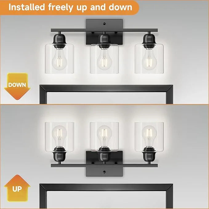 Modern 3 Light Bathroom Light Fixtures, 19 inch Black Vanity Lights For Bathroom With Clear Glass, Bathroom Lighting Fixtures Over Mirror For Mirror Kitchen Living Room Hallway Cabinet Porch - ModernBath