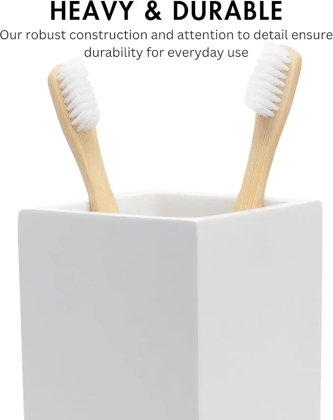 Yew Design Matte White Toothbrush and Toothpaste Holder for Bathroom Vanity and Countertop, Square Organizer for Electric Toothbrushes, Floss, Razors, Cotton, and Mouthwash - ModernBath