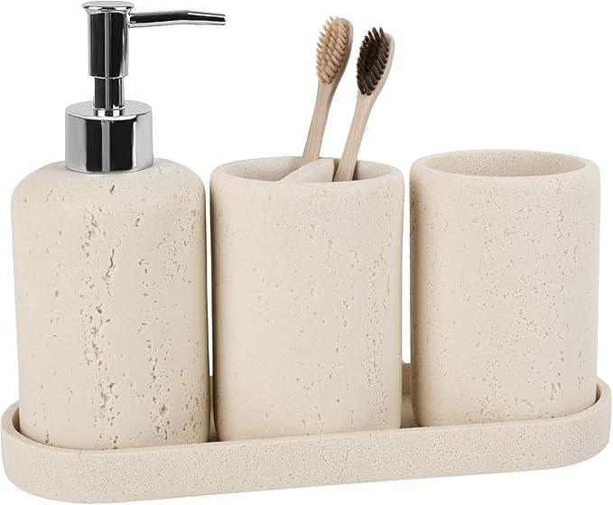 Bathroom Accessories Set,4 Piece Travertine Stone Look Bathroom Accessory Set with Soap Dispenser,Toothbrush Holder,Vanity Tray,Tumbler,Bathroom Organizer for Modern Bathrooms - Beige - ModernBath