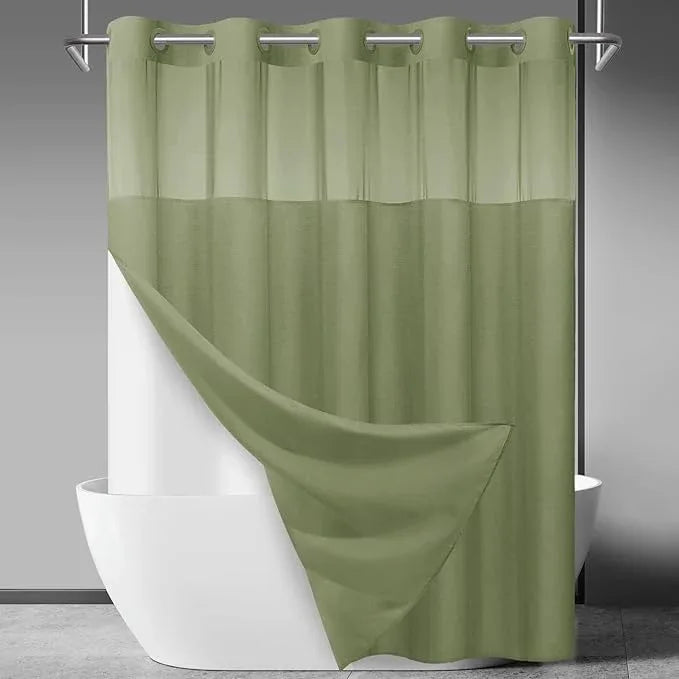 SORTTO No Hook Slub Textured Shower Curtain with Snap in Liner - Sage Green Fabric Outer Curtain & Waterproof Inner Liner, Hotel Style with See Through Top Window, 71x86 in - ModernBath