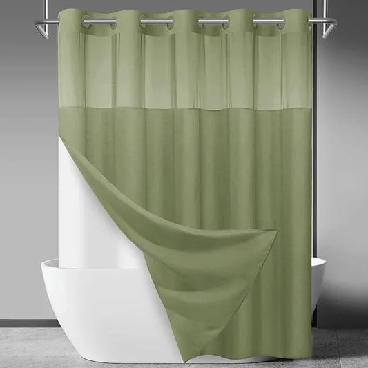 SORTTO No Hook Slub Textured Shower Curtain with Snap in Liner - Sage Green Fabric Outer Curtain & Waterproof Inner Liner, Hotel Style with See Through Top Window, 71x74 in - ModernBath
