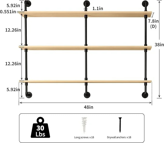 3-Tier Industrial Pipe Floating Shelf – Rustic 48 inch Wood Wall-Mounted Storage Shelf for Kitchen Office,Bathroom & Home Decor -White Oak - ModernBath