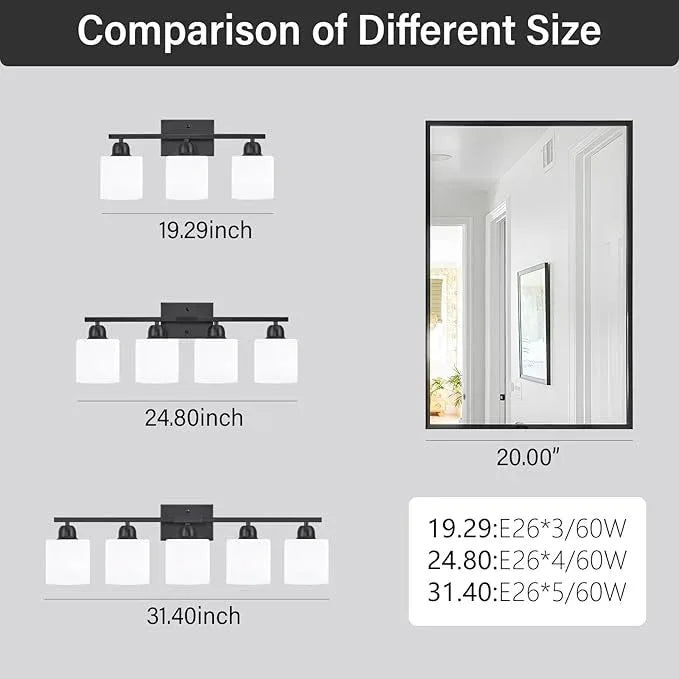FAISHILAN 3-Light Bathroom Light Fixtures, Black Bathroom Vanity Lights with Milky White Frosted Glass Shades, Black Vanity Light for Bathroom Mirror, Bedroom, Living Room, Vanity Table, E26 Base - ModernBath