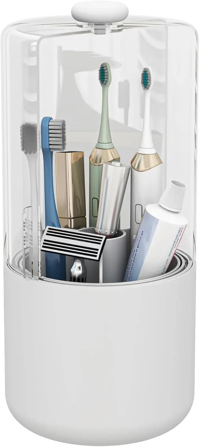 YOOLENS Toothbrush Holder with Cover 360 Rotating 4 Compartments Bathroom Toothpaste Electric Toothbrush Organizer, White - ModernBath