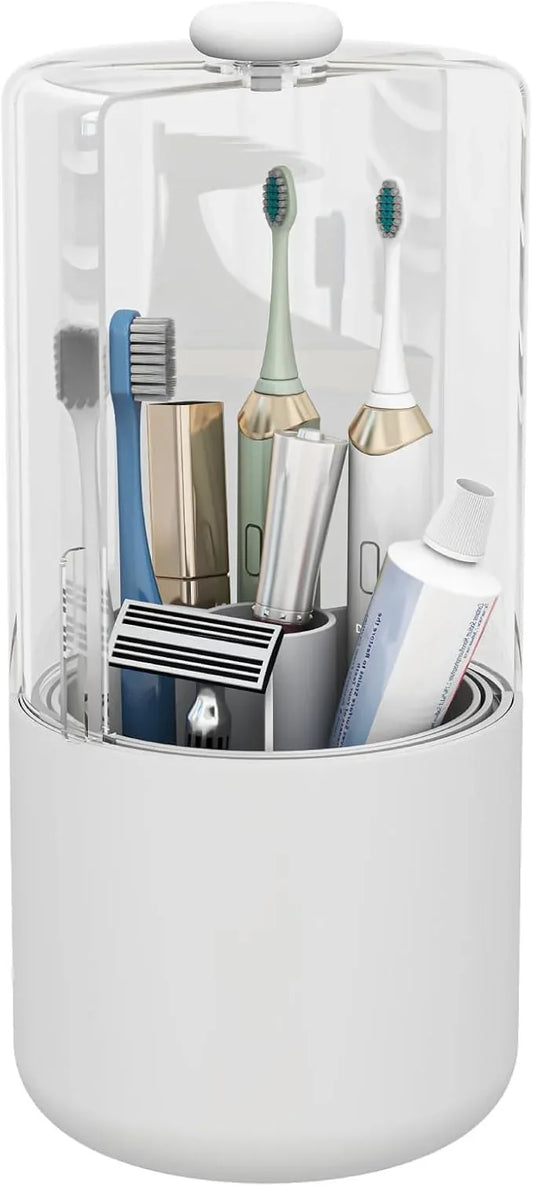 YOOLENS Toothbrush Holder with Cover 360 Rotating 4 Compartments Bathroom Toothpaste Electric Toothbrush Organizer, White - ModernBath