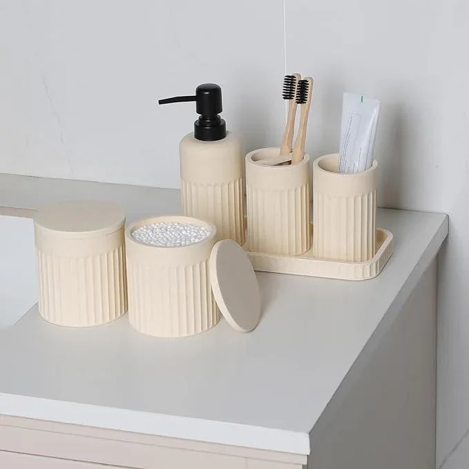 INIUNIK Bathroom Accessory Set - 6 Pieces Bathroom Accessories Set Complete with Soap Dispenser, Toothbrush Holders, Tumbler, Vanity Tray and 2 Qtip Holder for Home Organizer and Decor, Beige - ModernBath