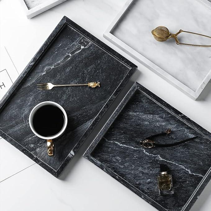 Moreast Black Marble Tray, Stone Bathroom Tray, Decorative Holder for Tissrue, Candle, Soap, Towel, Plant (Black - 12 x 8) - ModernBath