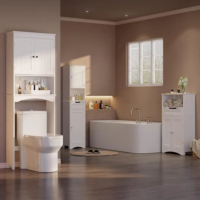 Gizoon Over The Toilet Storage Cabinet with Adjustable Shelf and Double Doors, Bathroom Space Saver Organizer Above Toilet with Open Shelf, Taller Wooden Free Standing Toilet Rack -White - ModernBath