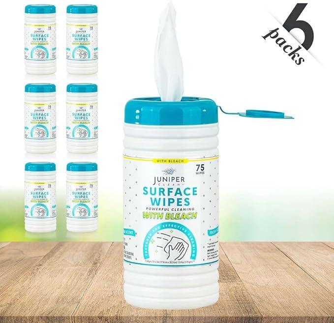 Juniper CLEAN 6 Pack Surface Cleaning Wipes with Bleach, All-Purpose Cleaner for Bathroom, Kitchen, Office, 450 Count Canister, Fresh Scent, 7.5" x 7" Sheet, Lint Free & Durable - ModernBath