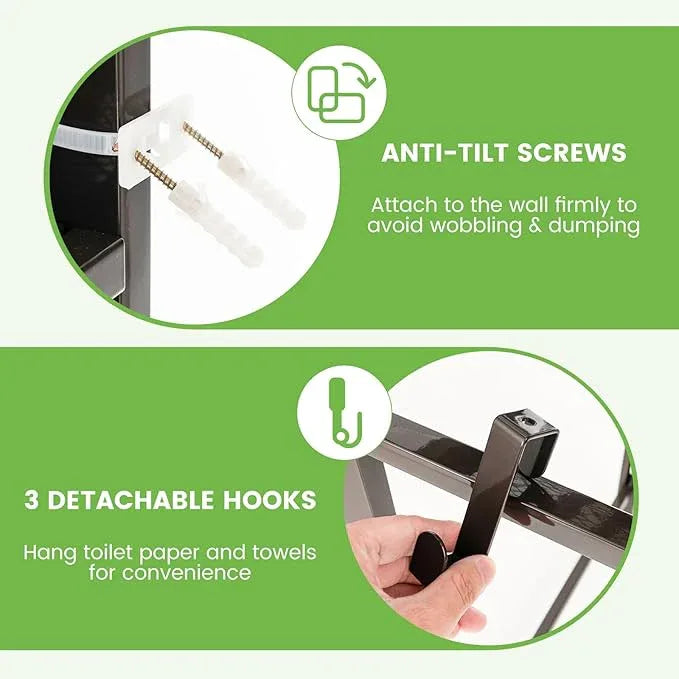 Giantex Over The Toilet Storage Rack, 3-Tier Metal Bathroom Organizer with 3 Hooks, Adjustable Bottom Bar, Anti-Tippling Devices, Freestanding Toilet Space-Saver for Bathroom, Laundry (Coffee) - ModernBath