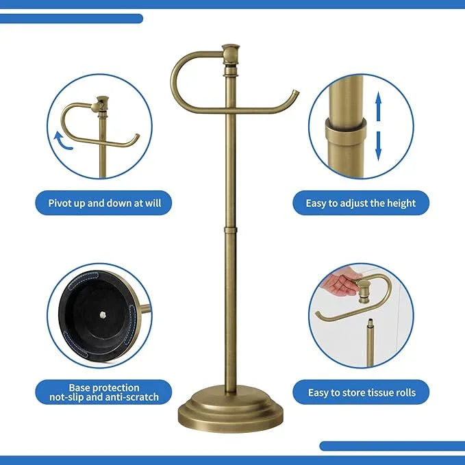 RUMOSE Toilet Paper Holder Stand for Floor,Antique Brass Adjustable (12.4" to 22.8") Bathroom Toilet Tissue Holder, Free Standing Paper Roll Holder with Storage, Stainless Steel - ModernBath