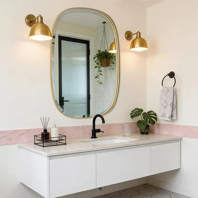 POZINO Brushed Gold Beveled Mirror, 24"x40" Modern Rounded Rectangle Mirrors, Brass Oval Mirrors, Oblong Vanity Wall Mirror in Premium Stainless Steel Frame, Hangs Horizontal Or Vertical - ModernBath