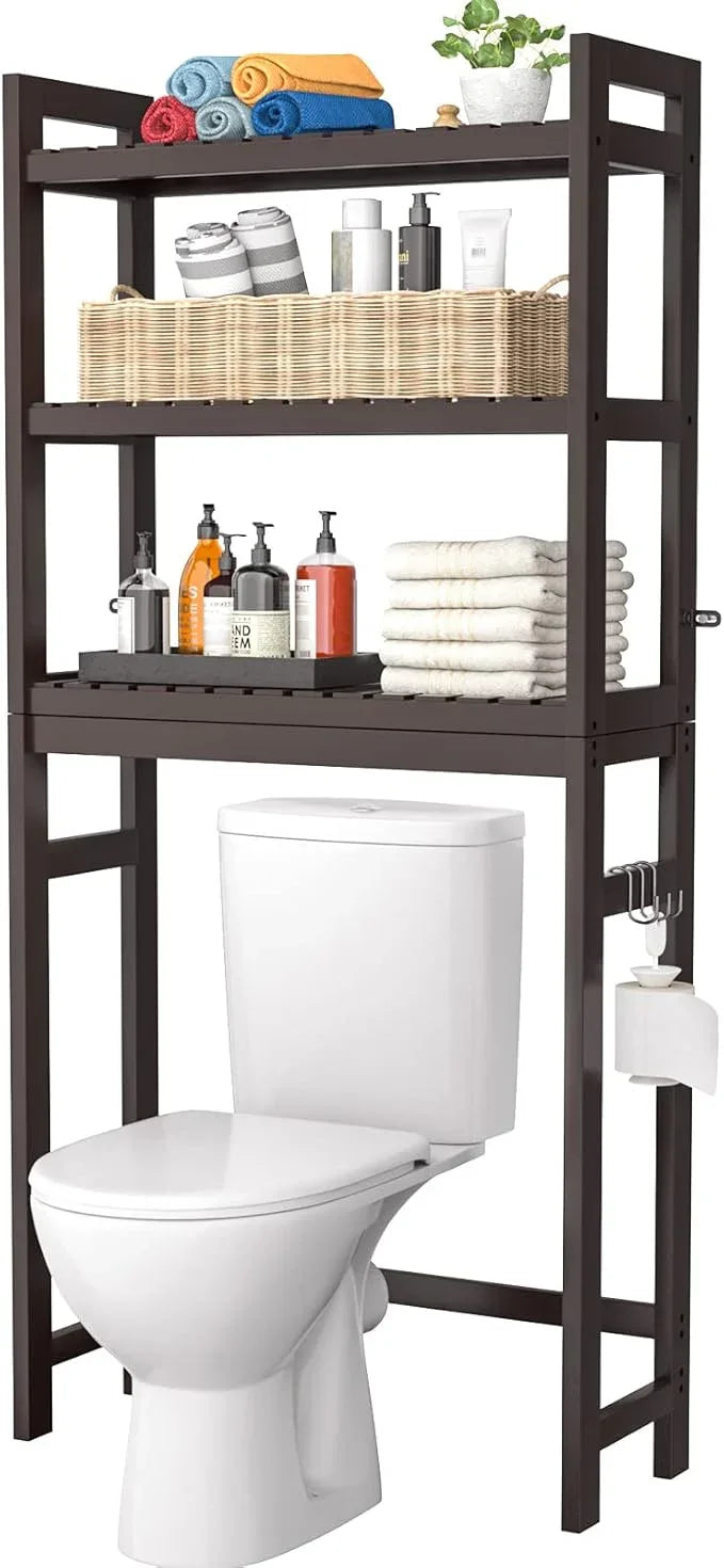 Homykic Over The Toilet Storage, Bamboo 3-Tier Over-The-Toilet Space Saver Organizer Rack, Stable Freestanding Above Toilet Stand with 3 Hooks for Bathroom, Restroom, Laundry, Espresso - ModernBath