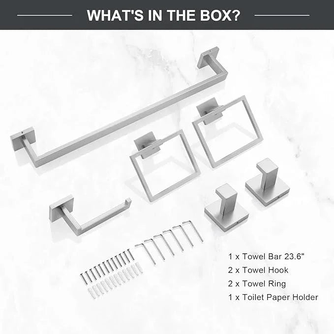 TQKAG 6-Piece Bathroom Towel Bar Sets Brushed Nickel 23.6 inch Towel Bar Stainless Steel Towel Ring Coat Hook and Toilet Paper Holder Bathroom Hardware Set Wall Mounted Bathroom Accessories Kit - ModernBath