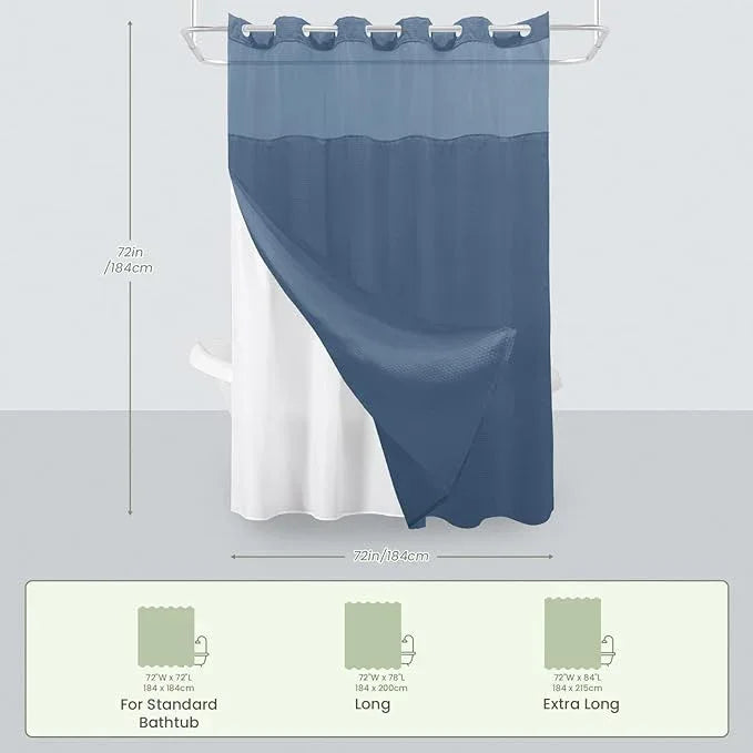 Inhousolu No Hook Shower Curtain with Snap in Fabric Liner Set Waffle Weave 230GSM Weighted Hem, Waterproof & Washable Bathroom Curtain Spa Luxury with Mesh Top Window 72" W x 72" L Moonlight Blue - ModernBath