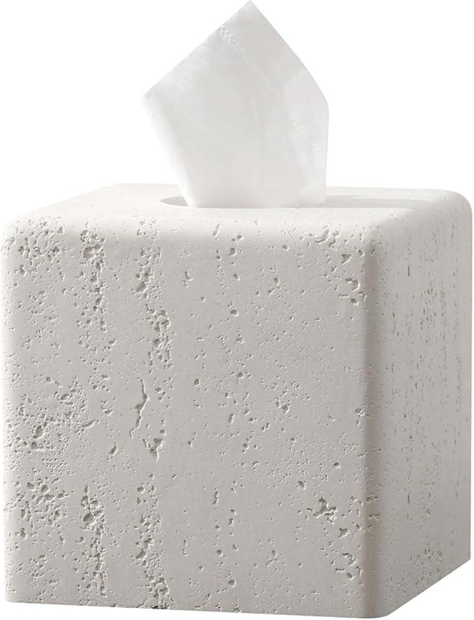 Haocoott Tissue Box Cover Square, Resin Facial Tissue Holder Covers Toilet Paper Holder Decorative Travertine Paper Dispenser Home Decor for Bathroom Bedroom Living Room Office (Off White) - ModernBath