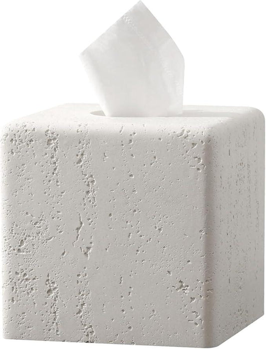 Haocoott Tissue Box Cover Square, Resin Facial Tissue Holder Covers Toilet Paper Holder Decorative Travertine Paper Dispenser Home Decor for Bathroom Bedroom Living Room Office (Off White) - ModernBath