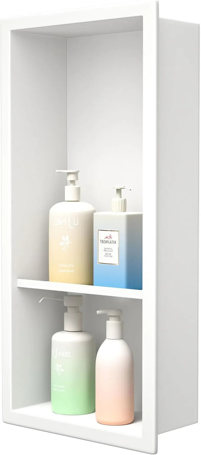 Stainless Steel Shower Niche 18"× 8" White Double Shelves No Tiled Need Recessed Niche Shower for Wall Storage Bathroom Niche Shelf Over-Mounted Installation - ModernBath