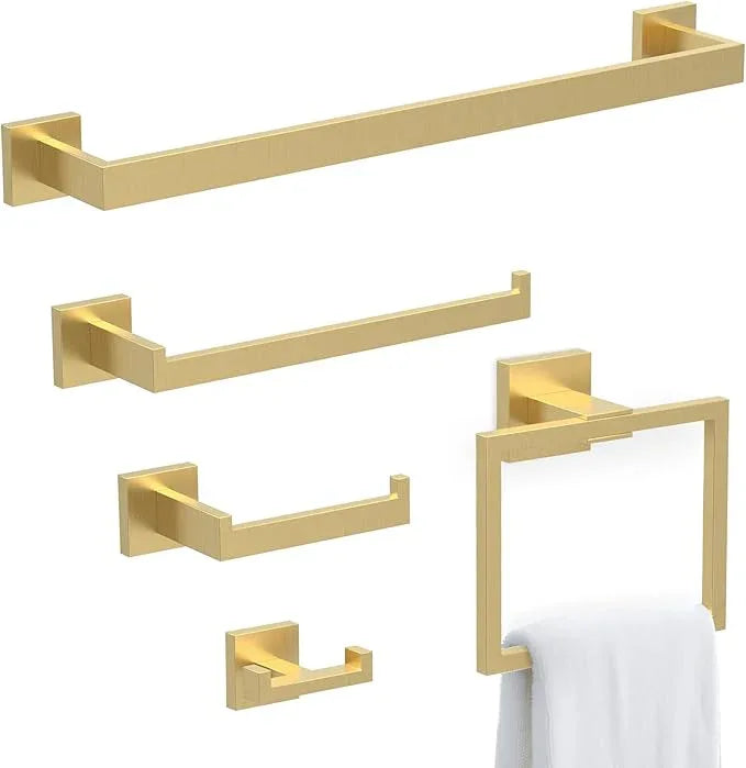 BOZWELL 5 Piece Light Brushed Gold Stainless Steel Towel Bar Set, 23.6 inch Square Bathroom Hardware Accessories Set,Wall Mounted Towel Racks for Bathroom with TP - ModernBath