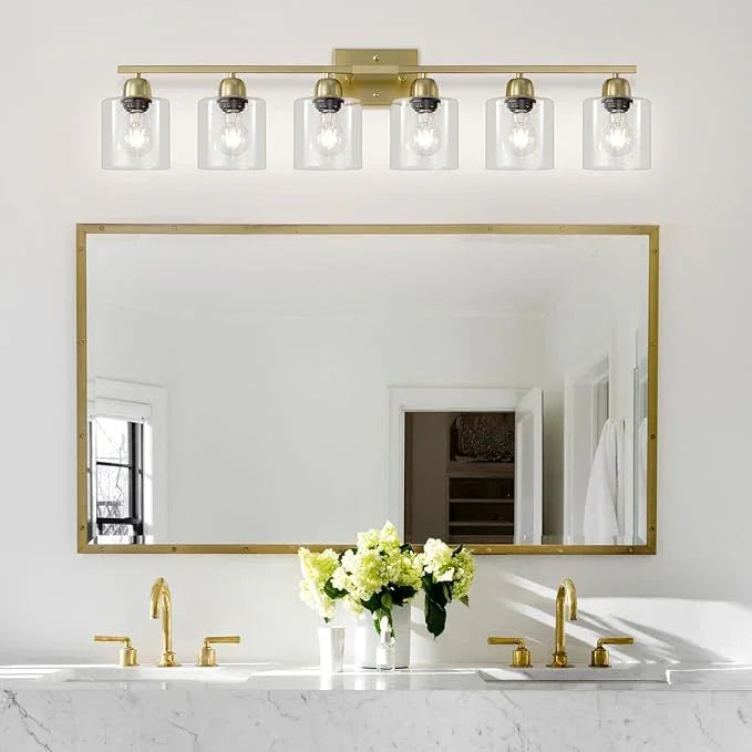 FAISHILAN Modern Brushed Gold 6 Light Bathroom Light Fixtures,38 inch Vanity Lights for Bathroom with Clear Glass, Vanity Light for Mirror Kitchen Living Room Hallway Cabinet Porch - ModernBath