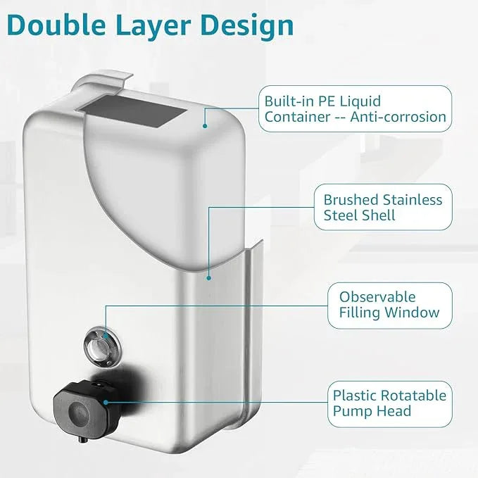 Commercial Wall Mount Soap Dispenser - Stainless Steel Bathroom Hand Soap 38.8oz Liquid - Anti-Leak Pump and Large Capacity Brushed Refillable - ModernBath