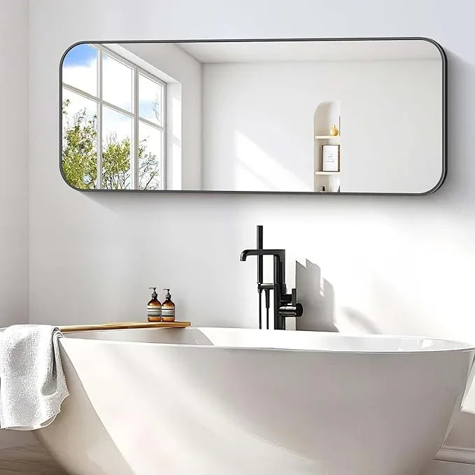 CIVENO Bathroom Mirror, 60 x 24 inch Metal Framed Black Rectangle Mirror, Rounded Corner Rectangular Vanity Mirror, Large Wall Mounted Mirror for Modern Bedroom Living Room Horizontal or Vertical - ModernBath
