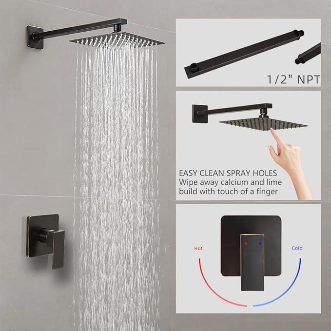 Heable Oil Rubbed Bronze Shower Faucet Set, Single Function Shower Trim Kit with Rough-in Valve, Square Rain Shower Head System Included Extra Long Shower Arm for Bathroom - ModernBath