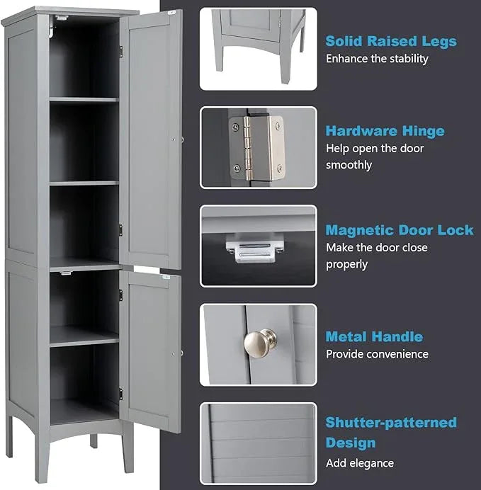 Tangkula Tall Bathroom Storage Cabinet, 5-Tier Wooden Freestanding Tower Cabinet Floor Organizer, Narrow Storage Floor Cabinet w/2 Doors & Shelves for Bathroom Living Room Kitchen (Grey) - ModernBath