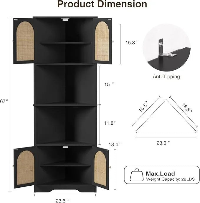 67''H Tall Corner Cabinet with Handmade Rattan Door, Rattan Storage Cabinet with Adjustable Shelves, Corner Bookshelf Space Saver for Barthroom, Kitchen, Living Room, Black - ModernBath