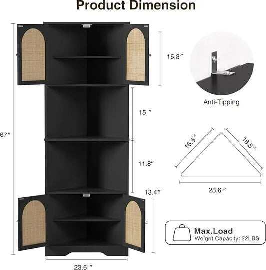 67''H Tall Corner Cabinet with Handmade Rattan Door, Rattan Storage Cabinet with Adjustable Shelves, Corner Bookshelf Space Saver for Barthroom, Kitchen, Living Room, Black - ModernBath