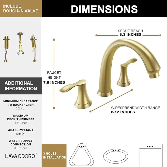 Lava Odoro Brushed Gold Roman Tub Faucet, 2 Handle Bathtub Faucet with Valve, High Flow 8 inch Widespread Deck Mount Tub Faucet, Solid Brass 3 Hole Bath Tub Filler TF405-SG - ModernBath