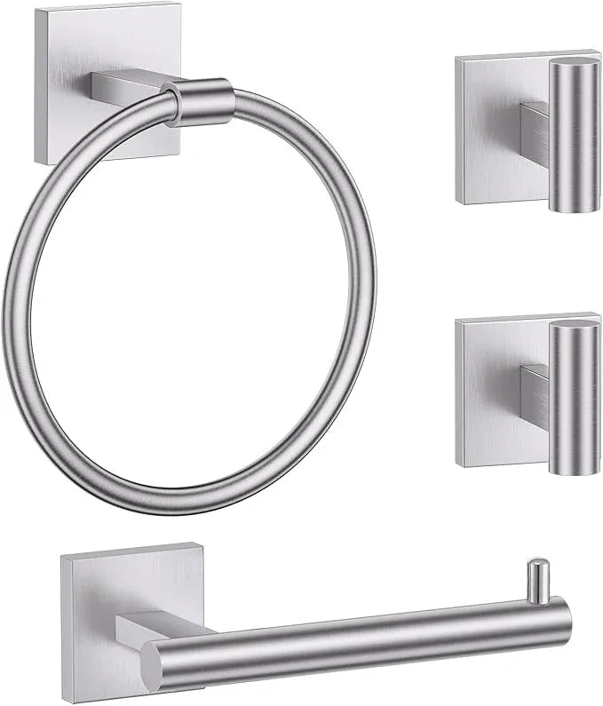 Towel Ring Set 4 Piece Bathroom Hardware Set Includes Towel Ring 2 Towel Hooks and Toilet Paper Holder Stainless Steel Wall Mounted (Brushed Nickel) - ModernBath