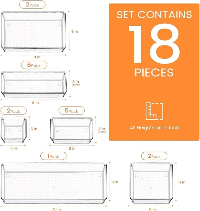 Criusia Drawer Organizer, 18 Pack Large Clear Plastic Kitchen Drawer Organizers Set, 6 Size Versatile Bathroom and Vanity Drawer Organizer Trays, Storage Bins for Makeup, Bedroom, Kitchen Utensils - ModernBath