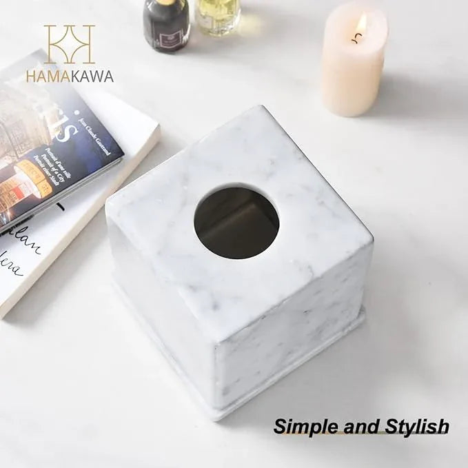 HAMAKAWA Natural Marble Tissue Box Cover, Carrara White Tissue Organizer 6 X 6 X 5.7 Inch, Heavy Stone Decorative Box, Square Tissue Box Holder for Home Decor, Kitchen, Bathroom, Bedroom - ModernBath