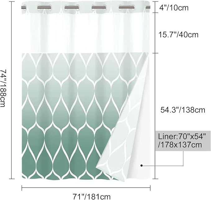 Yiatn No Hook Ombre Teal Shower Curtain with Snap in Fabric Liner Set - Hotel Style with See Through Mesh Top Window, Modern Geometric Waterdrop Design,Waterproof and Washable, 71x74 INCH - ModernBath