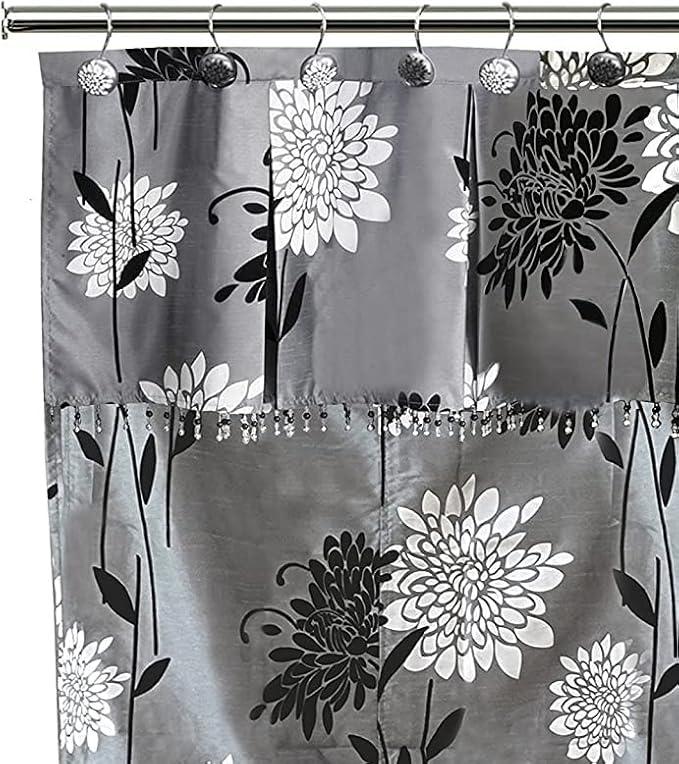 Zahari Home 13pc Erica Bathroom Fabric Shower Curtain Sets Bathroom Shower Curtain & 12 Shower Bathroom Hooks Modern Classic Luxury Contemporary Decor Grey Shower Curtain Stylish Bath Sets - ModernBath