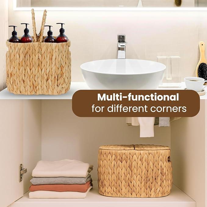 Toilet Paper Basket with Lid, Woven Natural Water Hyacinth Toilet Paper Storage, Papers Container for 4 Mega Rolls, Storage Holder with Built-in Handles, Slim Bathroom Stand Basket Organizer for Decor - ModernBath